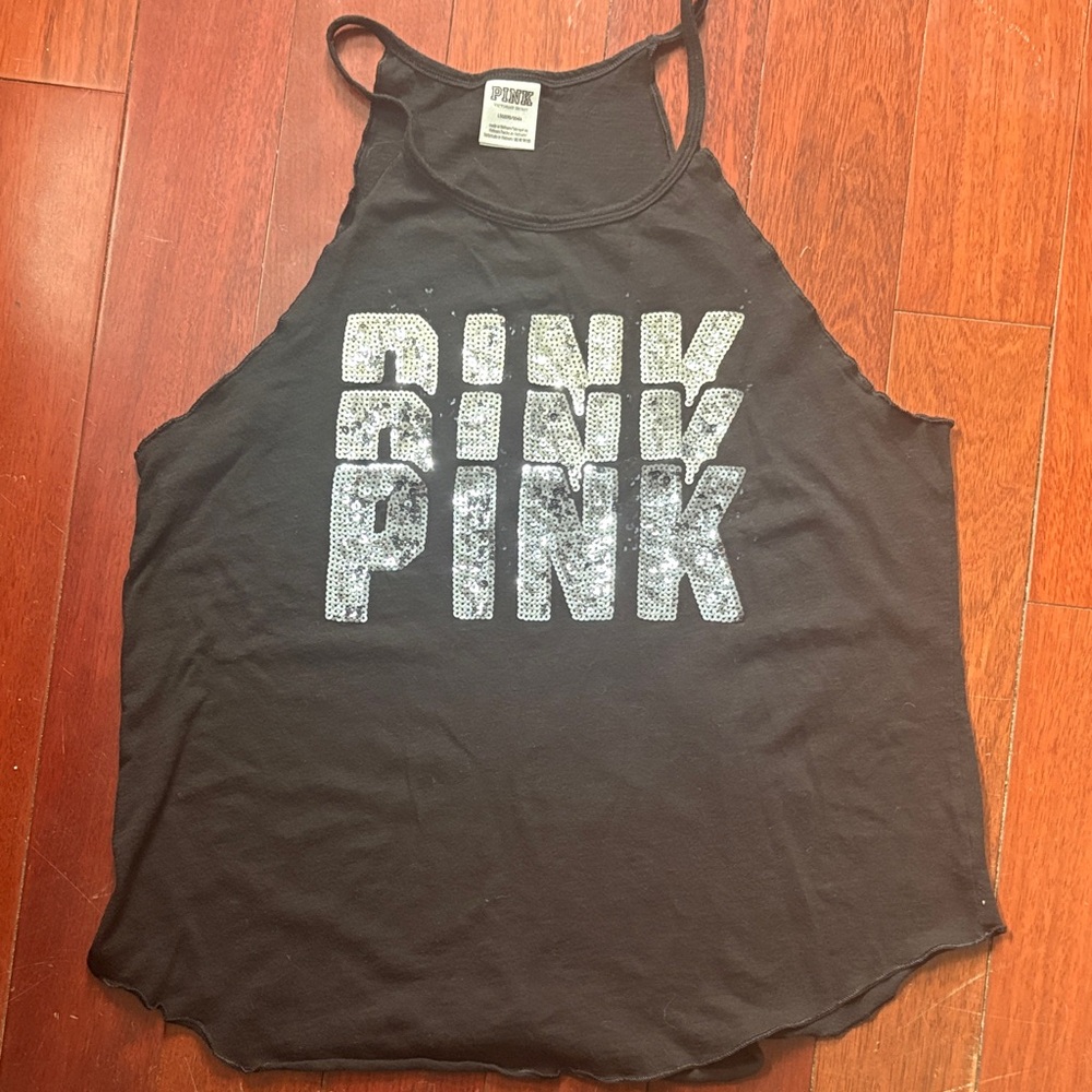 PINK Victoria's Secret Black Racerback Tank with Silver Sequin Logo Sz Lg